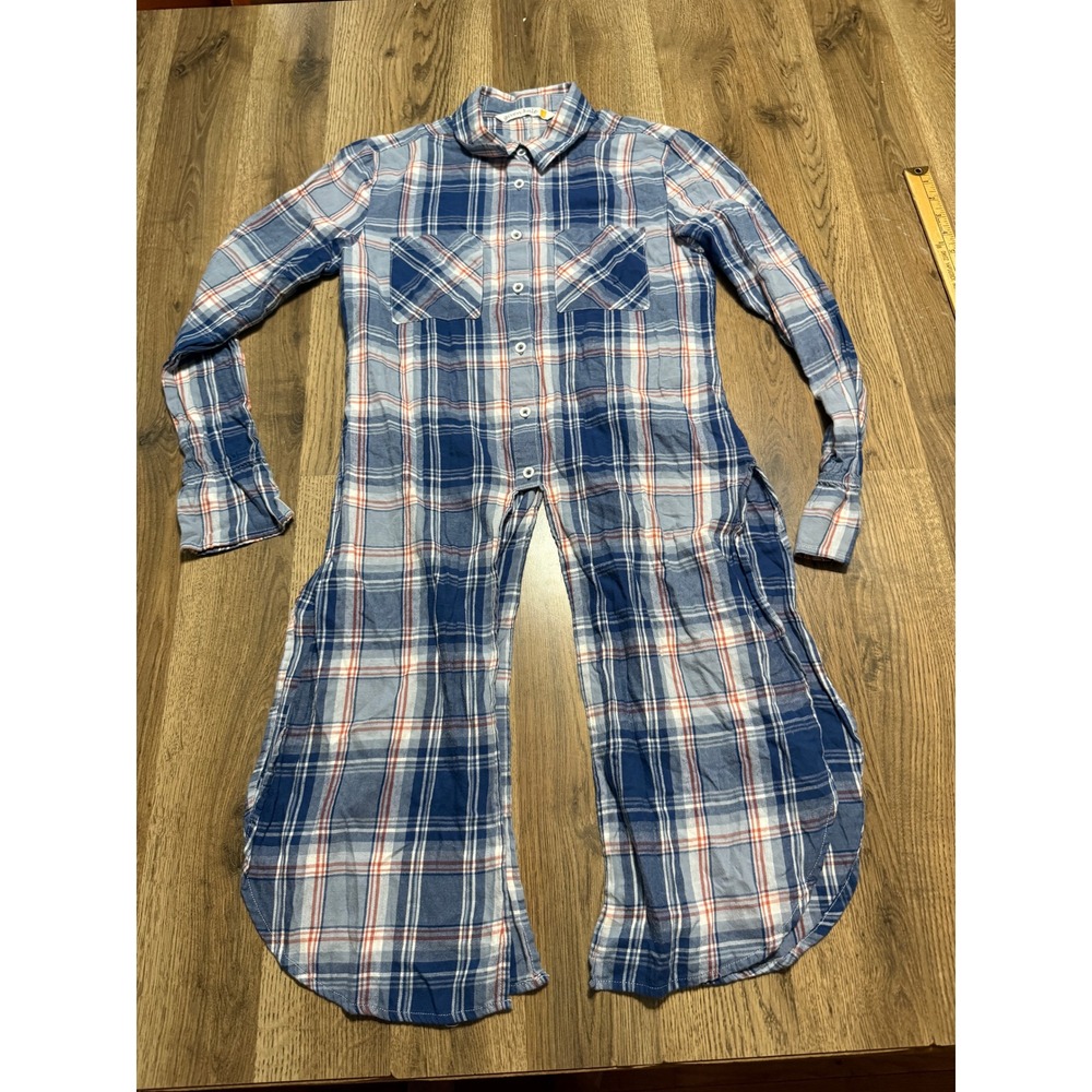 Given Kale Shirts Women Size XS Blue Plaid Long High Slit Button Down Tunic